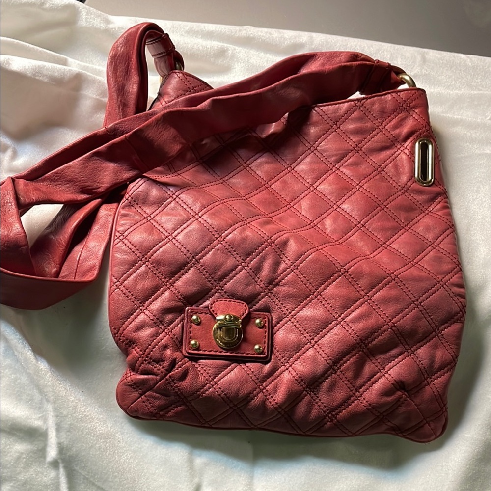 Red Quilted Shoulder Bag with Textured Design